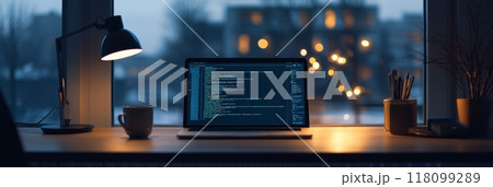 Laptop with programming code on screen in a modern office with night cityscape in the background. Urban software development concept. 118099289