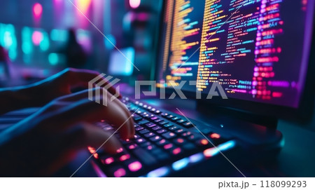 Hands typing on a backlit mechanical keyboard with colorful code on the screen. Software development and IT programming 118099293