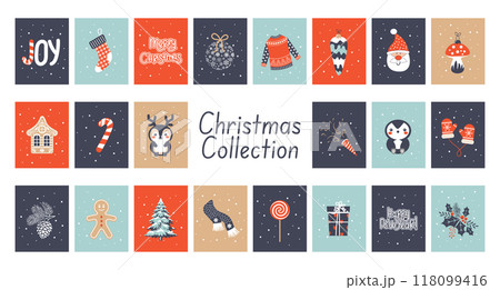 Set of colorful Christmas cards templates. Big collection cards with Santa Claus, snowman, candies, gifts, mittens, christmas tree. Illustration. 118099416