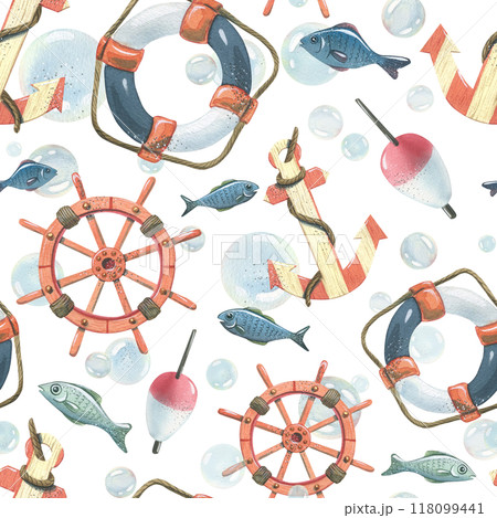 Anchor, ship's wheel, lifebuoy, fishing float with fish and bubbles. Watercolor hand-drawn illustration. Seamless pattern, endlessly repeating ornament, on a white background. Anchor, ship's wheel, lifebuoy, fishing float with fish and bubbles. Watercolor hand-drawn illustration. Seamless pattern, endlessly repeating ornament, on a white background. 118099441