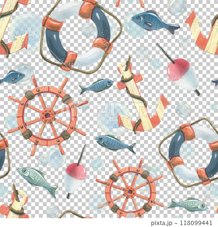 Anchor, ship's wheel, lifebuoy, fishing float with fish and bubbles. Watercolor hand-drawn illustration. Seamless pattern, endlessly repeating ornament, on a white background. Anchor, ship's wheel, lifebuoy, fishing float with fish and bubbles. Watercolor hand-drawn illustration. Seamless pattern, endlessly repeating ornament, on a white background. 118099441
