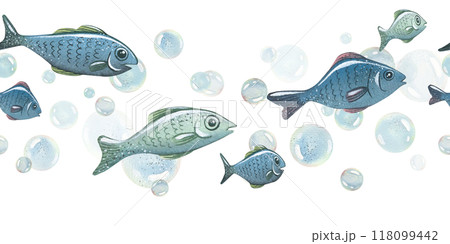 Blue water bubbles of different sizes with fish in a chaotic order. Watercolor hand-drawn illustration. Seamless border, pattern, endlessly repeating ornament, on a white background. Blue water bubbles of different sizes with fish in a chaotic order. Watercolor hand-drawn illustration. Seamless border, pattern, endlessly repeating ornament, on a white background. 118099442