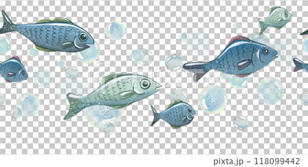 Blue water bubbles of different sizes with fish in a chaotic order. Watercolor hand-drawn illustration. Seamless border, pattern, endlessly repeating ornament, on a white background. Blue water bubbles of different sizes with fish in a chaotic order. Watercolor hand-drawn illustration. Seamless border, pattern, endlessly repeating ornament, on a white background. 118099442