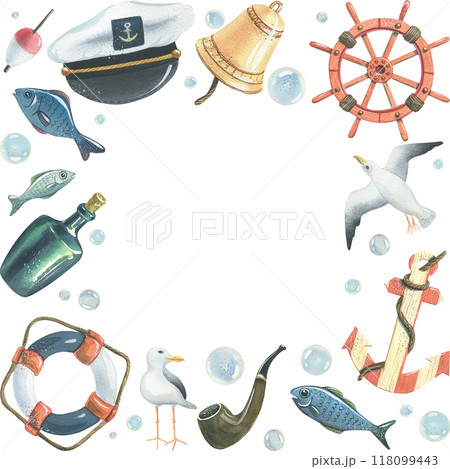 Steering wheel, lifebuoy, sea gulls, captain's cap, fish, water bladders, anchor, bottle of rum, tobacco pipe, ship's bell. Hand-drawn watercolor illustration. Square frame with empty space for text. 118099443