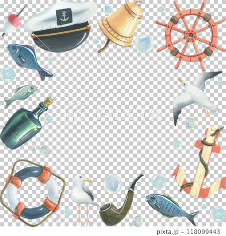 Steering wheel, lifebuoy, sea gulls, captain's cap, fish, water bladders, anchor, bottle of rum, tobacco pipe, ship's bell. Hand-drawn watercolor illustration. Square frame with empty space for text. 118099443