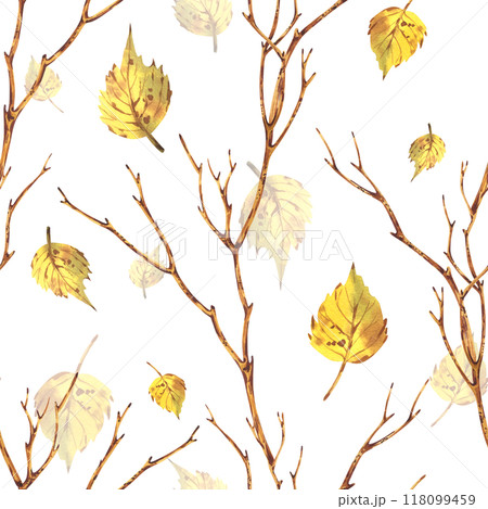 Autumn tree branches, trees, brown with falling yellow birch leaves, autumn forest, park, garden. Watercolor hand drawn illustration. Seamless pattern on white background. Autumn tree branches, trees, brown with falling yellow birch leaves, autumn forest, park, garden. Watercolor hand drawn illustration. Seamless pattern on white background. 118099459