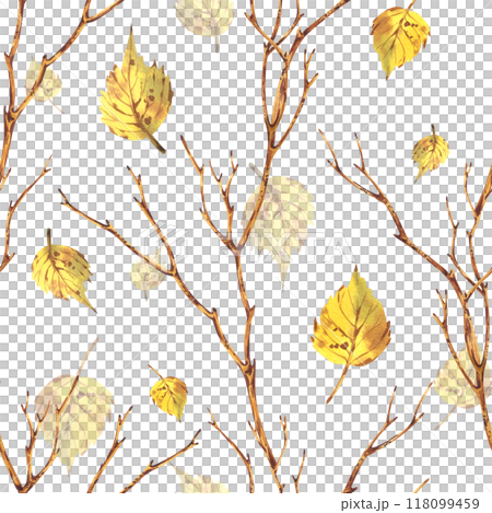 Autumn tree branches, trees, brown with falling yellow birch leaves, autumn forest, park, garden. Watercolor hand drawn illustration. Seamless pattern on white background. Autumn tree branches, trees, brown with falling yellow birch leaves, autumn forest, park, garden. Watercolor hand drawn illustration. Seamless pattern on white background. 118099459
