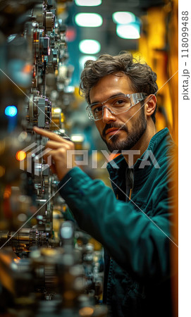Professional and smart engineering or technician pointing at machinery in industry. 118099488