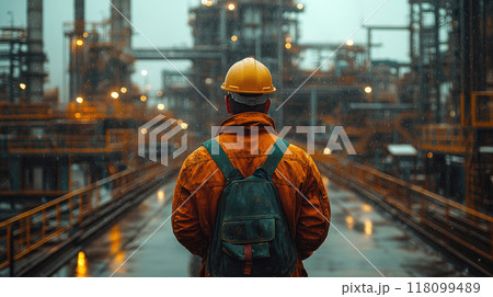 Man with a hard hat in the foreground with his back facing the camera, industrial plant. 118099489
