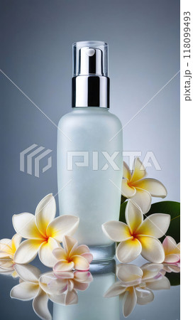 Mock up the collagen hydrating serum or any beauty product in glass bottle from natural ingredients, placed on mirrored glass, surrounded frangipani flowers. Mock up the collagen hydrating serum or any beauty product in glass bottle from natural ingredients, placed on mirrored glass, surrounded frangipani flowers. 118099493