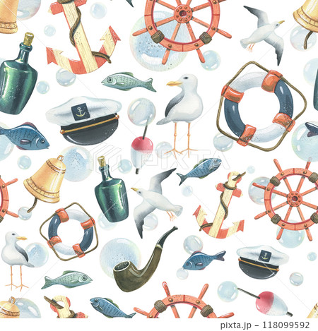 Steering wheel, lifebuoy, sea gulls, captain's cap, fish, water bladders, anchor, bottle of rum, tobacco pipe, ship's bell. Watercolor hand-drawn illustration. Seamless pattern on a white background. Steering wheel, lifebuoy, sea gulls, captain's cap, fish, water bladders, anchor, bottle of rum, tobacco pipe, ship's bell. Watercolor hand-drawn illustration. Seamless pattern on a white background. 118099592