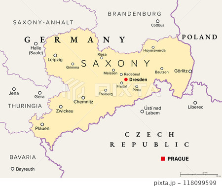 Saxony, a state in Germany, political map with capital Dresden, borders, and largest cities. Officially the Free State of Saxony, bordering the countries of Poland and Czech Republic. Illustration. 118099599