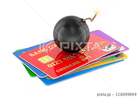 Credit bank cards with Black Burning Bomb. Credit card hacking, concept. 3D rendering Credit bank cards with Black Burning Bomb. Credit card hacking, concept. 3D rendering 118099669