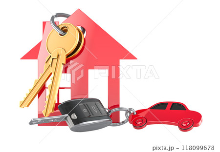 Home Key with House Shaped Keychain and Car Key with Car Shaped Metal Keychain. 3D rendering 118099678