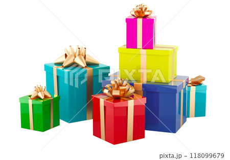 Many colored Gift Boxes with bows and ribbons, 3D rendering Many colored Gift Boxes with bows and ribbons, 3D rendering 118099679