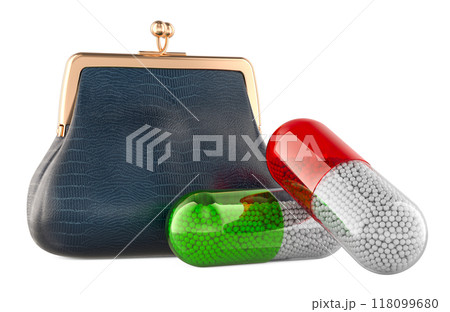 Medicine capsules with coin purse, 3D rendering Medicine capsules with coin purse, 3D rendering 118099680