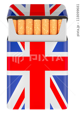 Pack of Cigarettes with British Flag. 3D rendering Pack of Cigarettes with British Flag. 3D rendering 118099681