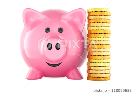 Piggy Bank with stack of coins. Money saving, concept. 3D rendering 118099682