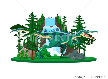 Baryonyx prehistoric dinosaur character in a lush forest setting with a cascading waterfall and rocks. Cartoon vector ancient carnivore reptile animal of Early cretaceous era in its natural habitat Baryonyx prehistoric dinosaur character in a lush forest setting with a cascading waterfall and rocks. Cartoon vector ancient carnivore reptile animal of Early cretaceous era in its natural habitat 118099953