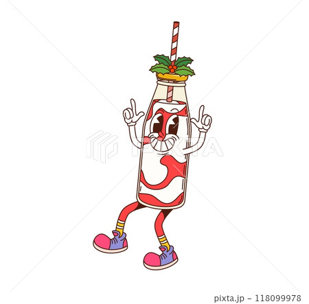 Cartoon groovy Christmas cocktail character. Isolated vector fun and vibrant cocktail bottle holiday personage with holly berries and striped straw celebrating festive occasions during Xmas season 118099978