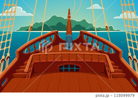 Pirate ship bow deck with rope ladders, wooden railings, and a clear view of the ocean and distant green island under a sunny sky. Cartoon vector board of the vintage corsair boat, game background 118099979