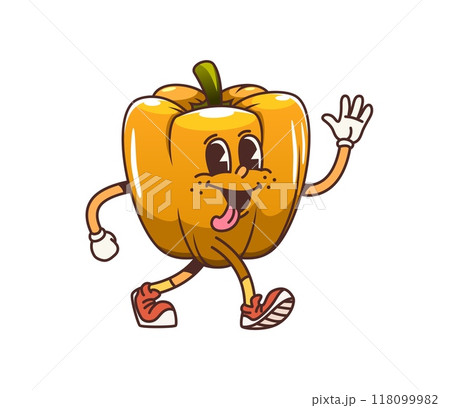 Cartoon groovy bell pepper vegetable character. Vector fun and lively fresh veg personage with expressive eyes, waving hand, promoting healthy eating, vegetables, and playful nutrition for kids menu 118099982