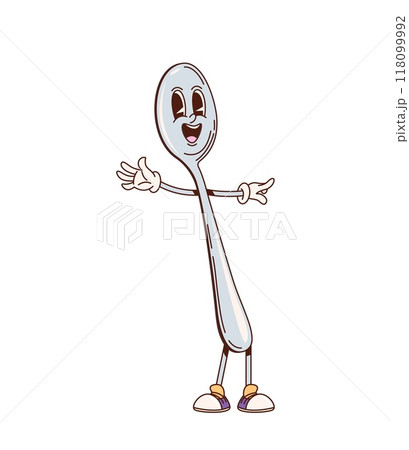 Spoon retro groovy kitchenware and utensil character. Isolated cartoon vector cheerful kitchen tool personage standing with open arms and a big smile. Metallic spoon radiating friendly and funky vibeV Spoon retro groovy kitchenware and utensil character. Isolated cartoon vector cheerful kitchen tool personage standing with open arms and a big smile. Metallic spoon radiating friendly and funky vibeV 118099992