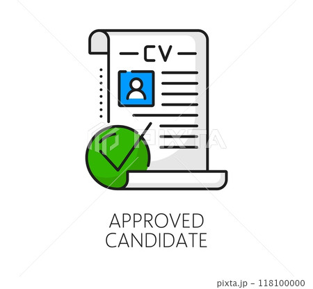 Recruitment approved candidate, business career search color line icon. Company recruitment service, human resources or business head hunter, employment line vector icon with CV approved document Recruitment approved candidate, business career search color line icon. Company recruitment service, human resources or business head hunter, employment line vector icon with CV approved document 118100000