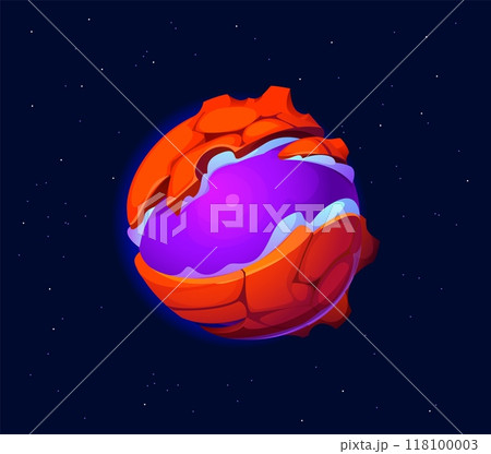 Cartoon fantasy galaxy alien space planet with a purple core and an orange, jagged crust. Vector mysterious and fantastical planet appears cracked, exposing the inner violet glow, floats in dark space 118100003