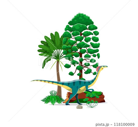 Gallimimus prehistoric dinosaur walking amongst lush tropical plants and trees. Vector ancient times landscape with rich greenery and cartoon dino character for paleontology resource or children book 118100009