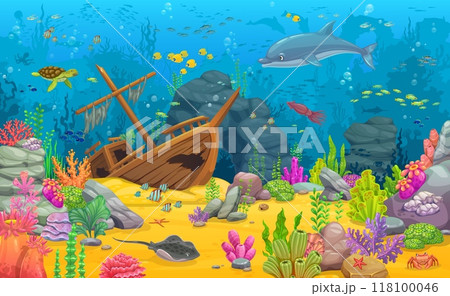 Cartoon underwater landscape with sunken ship, game map background with seaweeds and sea animals. Vector ocean bottom level location with shipwreck scene, coral reefs, fishes and tropical marine life 118100046