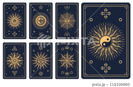 Tarot cards reverse decks with magic occult, esoteric and mystic signs, vector symbols. Astrology tarot cards with celestial sun and moon in esoteric sacred geometry with pentagram and mason pyramids 118100060