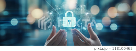 Digital padlock floating in hands with futuristic network connections. Concept of cybersecurity and secure communication. 118100463