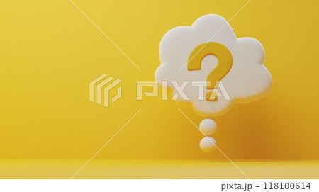 3D thought bubble with a yellow question mark on a yellow background. Concept of inquiry, curiosity, and thinking. 118100614