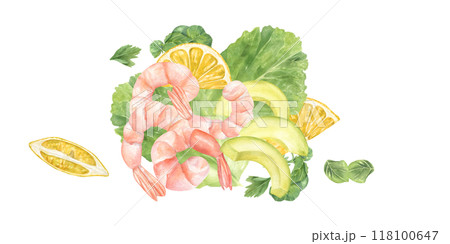 Pink Shrimps, fresh herbs, avocado and lemon slices dish watercolor illustration. Flavorful oregano, basil, parsley, lettuce salad leaf for seafood. Care food for culinary projects, menu, recipes Pink Shrimps, fresh herbs, avocado and lemon slices dish watercolor illustration. Flavorful oregano, basil, parsley, lettuce salad leaf for seafood. Care food for culinary projects, menu, recipes 118100647