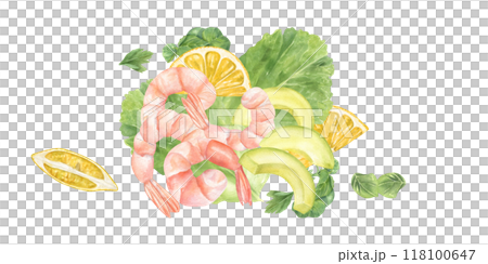 Pink Shrimps, fresh herbs, avocado and lemon slices dish watercolor illustration. Flavorful oregano, basil, parsley, lettuce salad leaf for seafood. Care food for culinary projects, menu, recipes Pink Shrimps, fresh herbs, avocado and lemon slices dish watercolor illustration. Flavorful oregano, basil, parsley, lettuce salad leaf for seafood. Care food for culinary projects, menu, recipes 118100647
