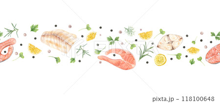 Grilled fish fillet and steaks, fresh limon slices, and chopped seasoning herbs watercolor seamless border. Seafood, salmon, halibut, cod pieces with rosemary, parsley, dill, peppercorns illustration Grilled fish fillet and steaks, fresh limon slices, and chopped seasoning herbs watercolor seamless border. Seafood, salmon, halibut, cod pieces with rosemary, parsley, dill, peppercorns illustration 118100648