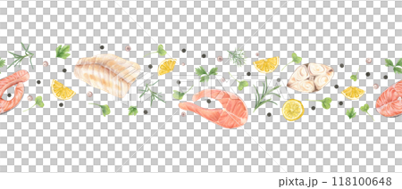 Grilled fish fillet and steaks, fresh limon slices, and chopped seasoning herbs watercolor seamless border. Seafood, salmon, halibut, cod pieces with rosemary, parsley, dill, peppercorns illustration Grilled fish fillet and steaks, fresh limon slices, and chopped seasoning herbs watercolor seamless border. Seafood, salmon, halibut, cod pieces with rosemary, parsley, dill, peppercorns illustration 118100648
