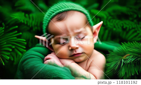 Sleeping baby with elf ears in a green forest setting. 118101192