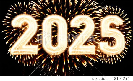 written "2025" with fireworks on a dark background, celebrating New Year 118101254