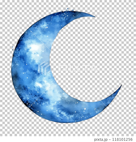 A Shimmering Blue Crescent Moon with Intricate Cosmic Details and Celestial Elements 118101256