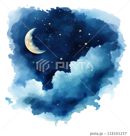 A Serene Night Sky Displaying the Moon and Numerous Stars  Beautiful Watercolor Artwork 118101257