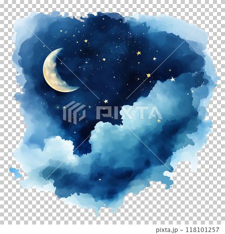 A Serene Night Sky Displaying the Moon and Numerous Stars  Beautiful Watercolor Artwork 118101257