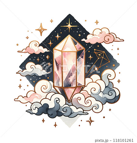 A Mystical Crystal Surrounded by Beautiful Clouds and Shining Stars in the Night Sky 118101261