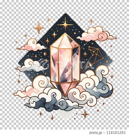 A Mystical Crystal Surrounded by Beautiful Clouds and Shining Stars in the Night Sky 118101261