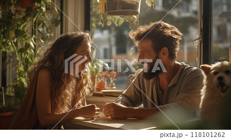 Happy couple enjoying coffee together with their dog in a cozy cafe. 118101262