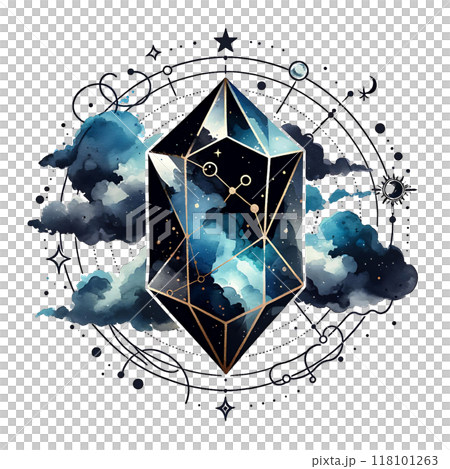A Mystical Crystal adorned with Cosmic Elements and whimsical Cloud Accents that inspire wonder 118101263