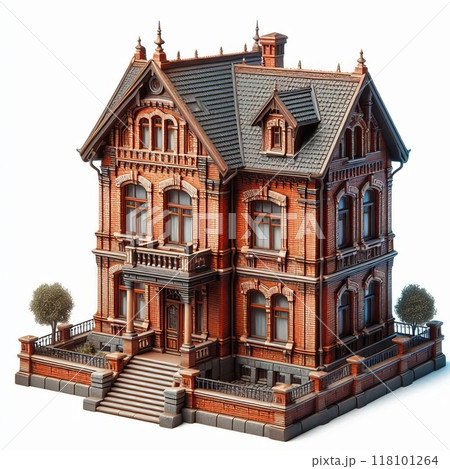 Charming vintage brick house with a wooden porch and slate roof. 118101264