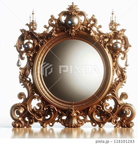 vintage mirror with floral and scrollwork frame on white background. 118101283