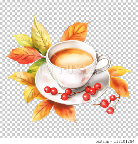 Cup of coffee with autumn leaves and red berries isolated on white background, fall inspirational illustration 118101284